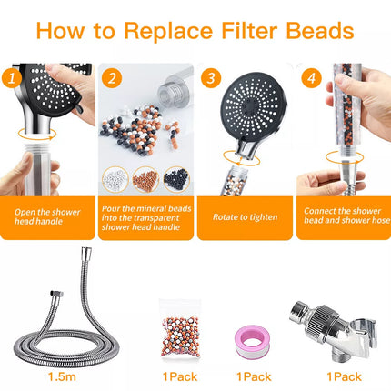5 IN 1 Filtered Shower Head High Pressure 5 Modes Hard Water Mineral Bead