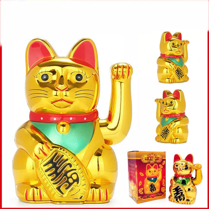 Chinese Lucky Fortune Money Waving Gold Maneki-Neko Cat Figure Feng Shui Decor 13.8*12.8*20.5cm