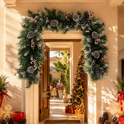 270cm Lightly Frosted Pine Christmas Garland with Pine Cones & Red Berries Decor