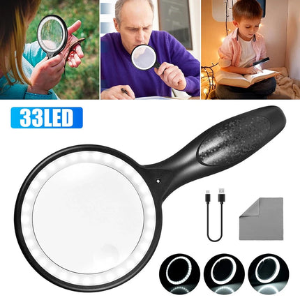 Handheld 5X/10X Magnifier Reading Magnifying Glass Jewelry Loupe With Light USB