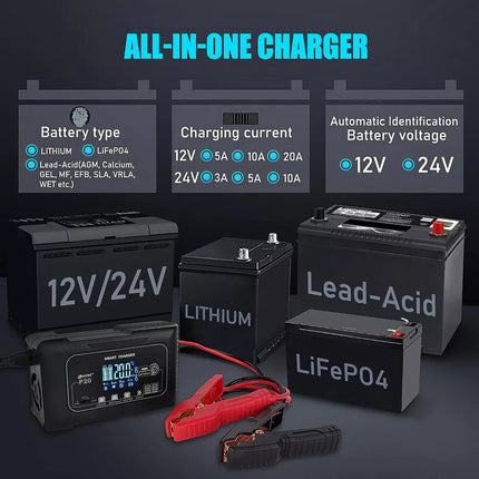20A Automatic Lithium Battery Charger 12V/24V For Lifepo4 Lead-Acid AGM/Gel/SLA