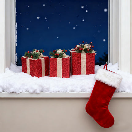 Red 3-Pack Lighted Gift Boxes Pre-Lit Xmas Present Boxes  Xmas Decor