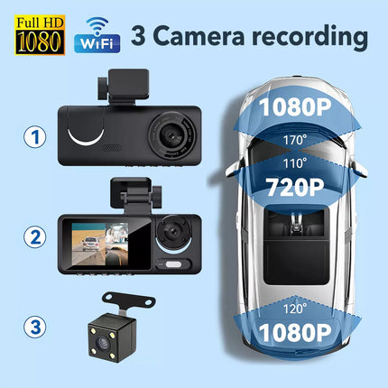 1080P Car Dash Camera DVR Video Recorder Front/Inside/Rear Three Cam G-sensor
