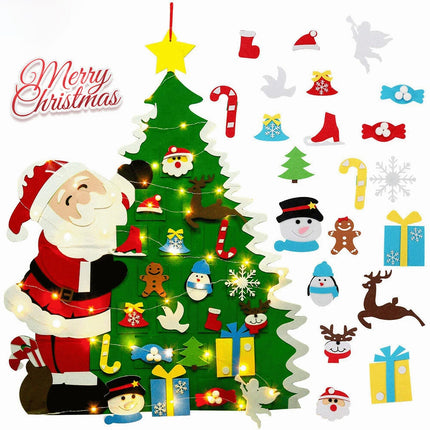 3.2FT Felt Christmas Tree Decorations Set Wall Hanging Ornaments w/ String Light  (Santa Claus w/ Lamp)