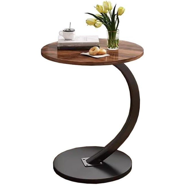 Wooden top with Black Frame C-shaped Round Bedside Coffee Living Room Sofa Side Artificial Marble End