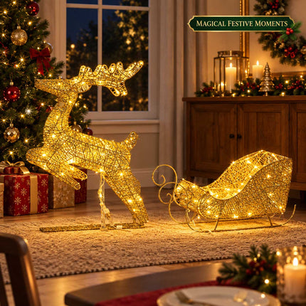 Light Up Christmas Reindeer Sleigh Solar Plug In LED Indoor Outdoor Decoration