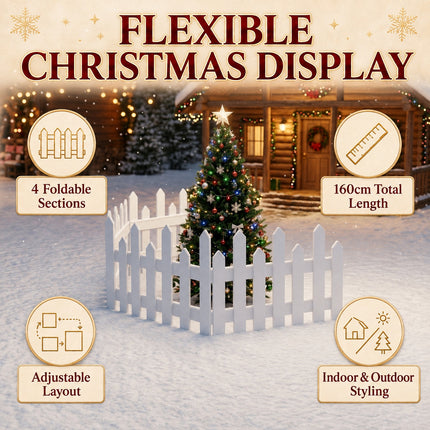 160cm White Wooden Christmas Tree Fence 4-Section Picket Holiday Decor Indoor Outdoor