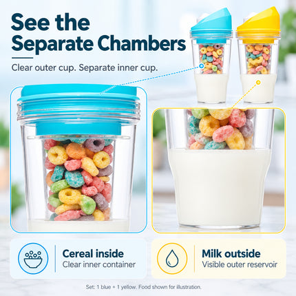 2 Set 600ml Cereal Cup with Milk Compartment Portable Breakfast Cup