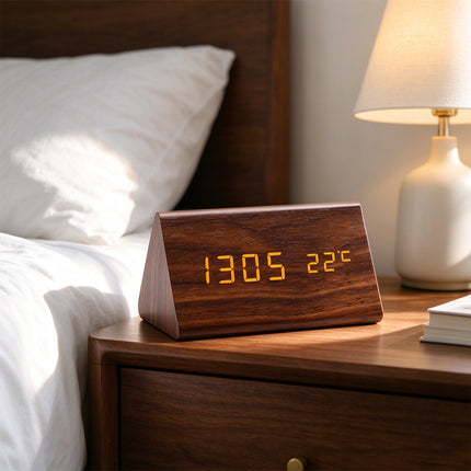 Digital Alarm Clock Wooden Table Desk Bedside LED Clock with Temperature Display