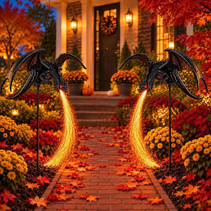 Solar Dragon Fire Garden Light Stake with Glowing Fiber-Optic Flamese Decor