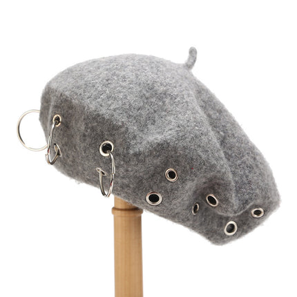 Grey Unisex Beanie Lady Wool French Beret Hat Cap Winter Warm Iron Ring Design Rock