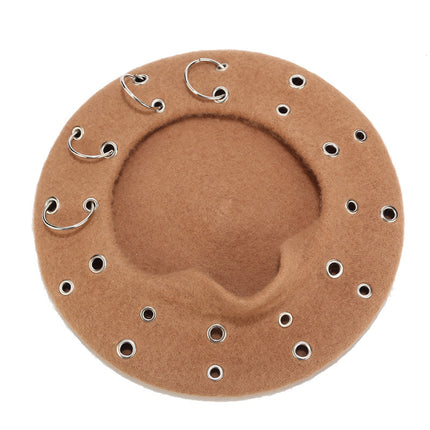 Khaki Unisex Beanie Lady Wool French Beret Hat Cap Winter Warm Iron Ring Design Rock