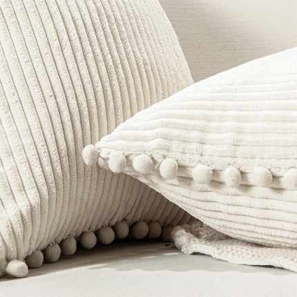 2x Pom Poms Ball Solid Color Stripe Cushion Cover Corduroy Pillow Covers Beige 50 x 50 cm
