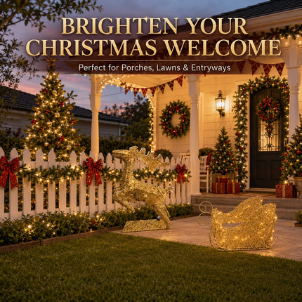 Christmas Reindeer & Sleigh Solar LED Lights Metal Frame Outdoor Xmas Garden Decoration