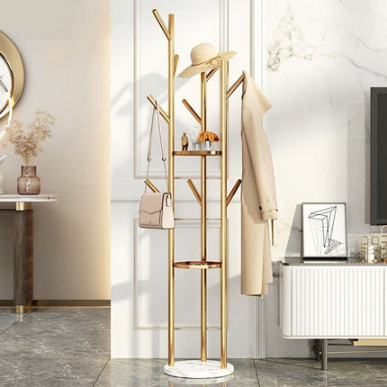 Golden Pole Tree Metal Coat Rack Stand Hooks Hanger Stable Marble Base Standing