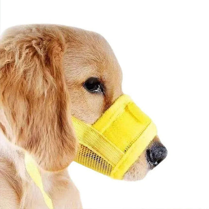 Yellow Pet Dog Adjustable Mask Bark Bite Mesh Mouth Muzzle Grooming