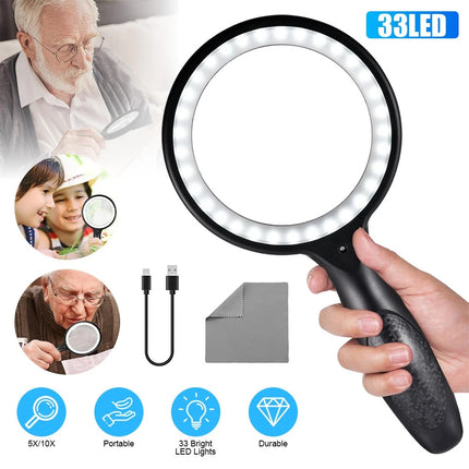 Handheld 5X/10X Magnifier Reading Magnifying Glass Jewelry Loupe With Light USB