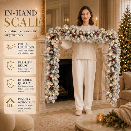 270cm Lush Snow Flocked Christmas Garland Pre-Lit LED Berry Pinecone Battery