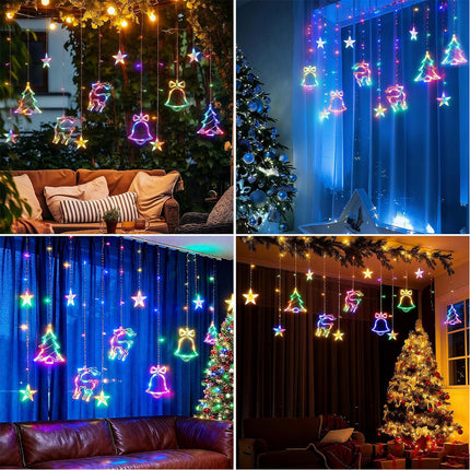 12 LED Hanging Deer Bells Curtain Lights Christmas Garland String Fairy Window
