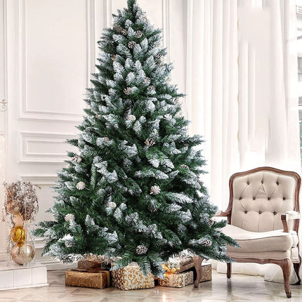 Artificial Christmas Tree with LED Lights Xmas Bushy Pine Holiday Pre Lit Decor Snow Flocked Tree+Pine Cone