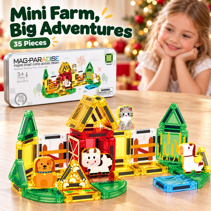 35 Pcs Magnetic Building Tiles Farm Animal Set Storage Tin Christmas Gift Toy