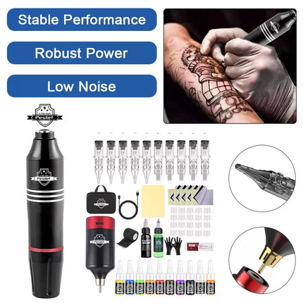 Wireless Tattoo Gun Kit Complete Rotary Pen Machine With Power Supply Ink Needle