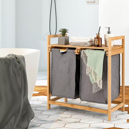 Laundry Baskets Hamper Bamboo Shelf w/ 2 Sliding Washing Clothes Bags