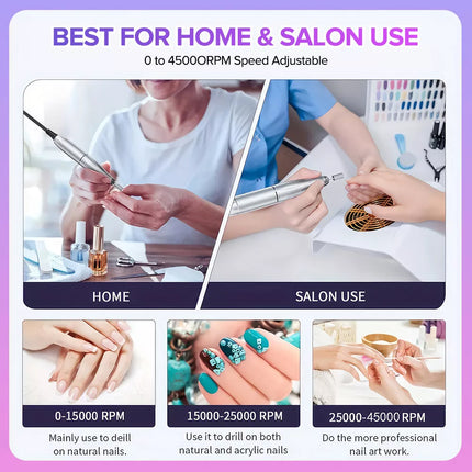 45000RPM Rechargeable Portable Nail Drill File Machine Manicure Pedicure Art