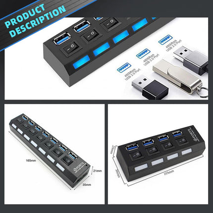 7 Ports USB 3.0 HUB Powered High Speed Splitter Extender with Power Supply