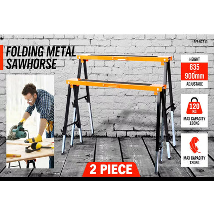 2Pc Sawhorse Metal Folding Non-slip Surface Saw Horse 120KG Capacity