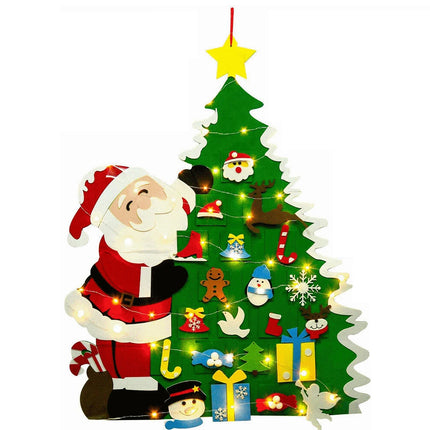 3.2FT Felt Christmas Tree Decorations Set Wall Hanging Ornaments w/ String Light  (Santa Claus w/ Lamp)