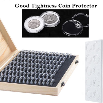 100PCS Coin Capsules Storage Box with Wooden Case Holder Collection Display Tool