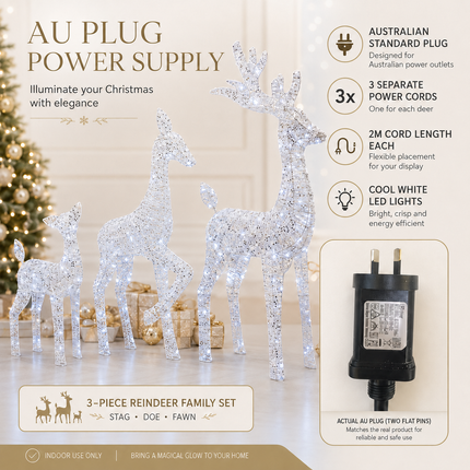 3-Piece Lighted White Christmas Reindeer Family  Detachable LED Stag Doe Fawn Set with Champagne Glitter Plug-In LED Standing Reindeer Xmas Decoration for Home, Entryway, Living Room, Shopfront and Holiday Display