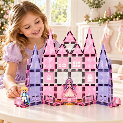 66 Pcs Diamond Magnetic Tiles Pink Princess Castle Building Set Christmas Gift