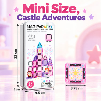 32 Pcs Mini Magnetic Tiles Princess Castle Storage Tin Set Christmas Gift Toy