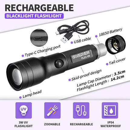 Zoom 395nm UV Light Blacklight Rechargeable Tactical LED Flashlight Lamp