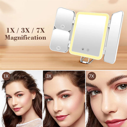 Tri-fold LED Makeup Mirror Magnifying Touch Rechargeable Travel Pocket Mirrors White