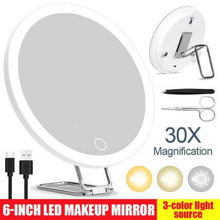 30X Magnifying Makeup Mirror W/ LED Light 360° Adjustable Foldable USB Charging