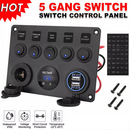 12V Switch Panel USB Charger 5 GANG ON-OFF Toggle LED Rocker for Car Boat Marine