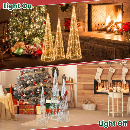 Set of 3 Pre-lit Christmas Cone Tree Set with Star Strings Xmas Decor for Lawn