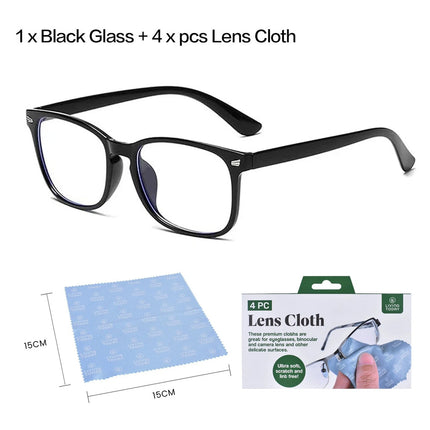 Blue Light Filter Block UV Transparent Lens Computer Gaming Glasses Anti Glare Black + 4pcs Lens Cloth