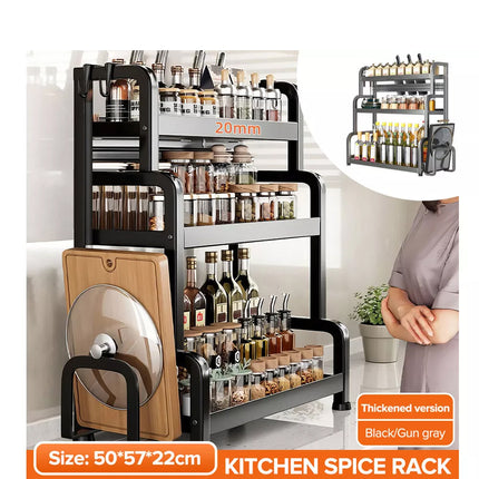 3 Tiers Kitchen Organiser Spice Rack Jar Shelves Storage Seasoning Stand Shelf Black