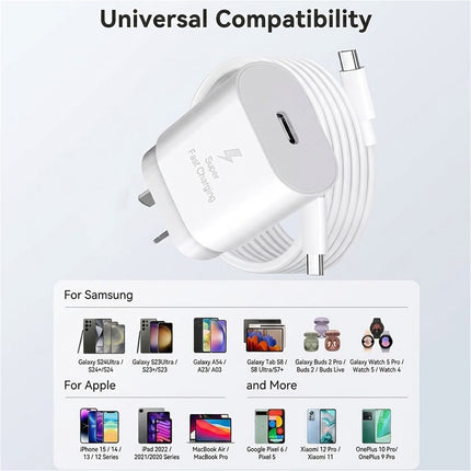 White PD 25W Fast Charger Power Adapter Samsung Type C Wall USB-C Cable Google Oppo