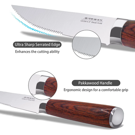 Kitchen 6 Pcs Knife Set with Block Serrated Steak Knife Wooden Handle