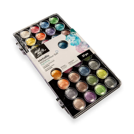 36 Colours Metallic Watercolour Set Includes Mixing Wells & Paint Brush