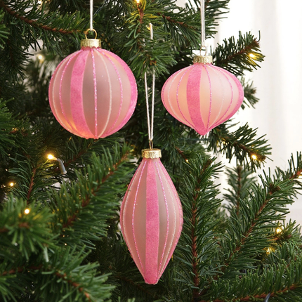 Sherwood 6 Pack Christmas Glitter Stripe Frosted Glass Mixed Shape Baubles Blush