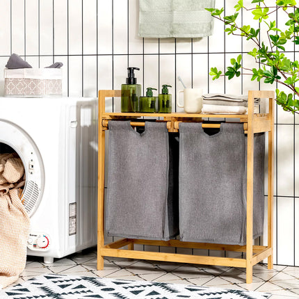 Laundry Baskets Hamper Bamboo Shelf w/ 2 Sliding Washing Clothes Bags