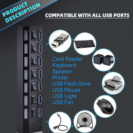 7 Ports USB 3.0 HUB Powered High Speed Splitter Extender with Power Supply