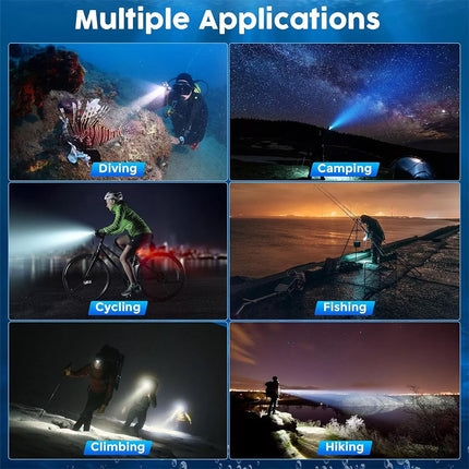 Scuba Diving Flashlight Rechargeable Dive Light Underwater Torch IPX8 Waterproof
