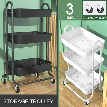 3 Tiers Kitchen Storage Trolley Cart Steel Rack Shelf Organiser Wheels Black